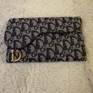 Dior Navy Blue Monogram Trotter Saddle Flap Long Wallet
